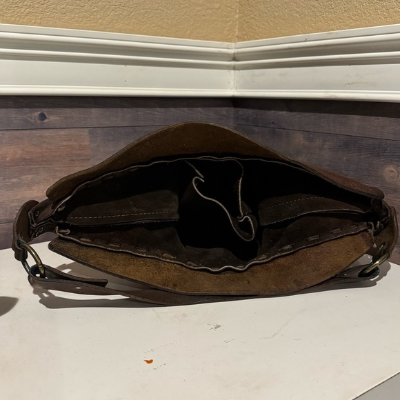 Vintage handmade Leather 70s Bag Fold Over Top Bohemian Metal Hardware - Picture 7 of 7